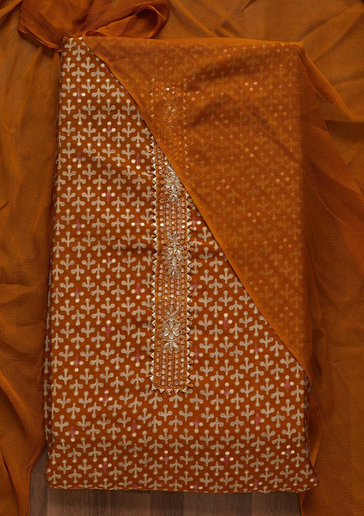 Mustard Zariwork Georgette Unstitched Salwar Suit - Koskii