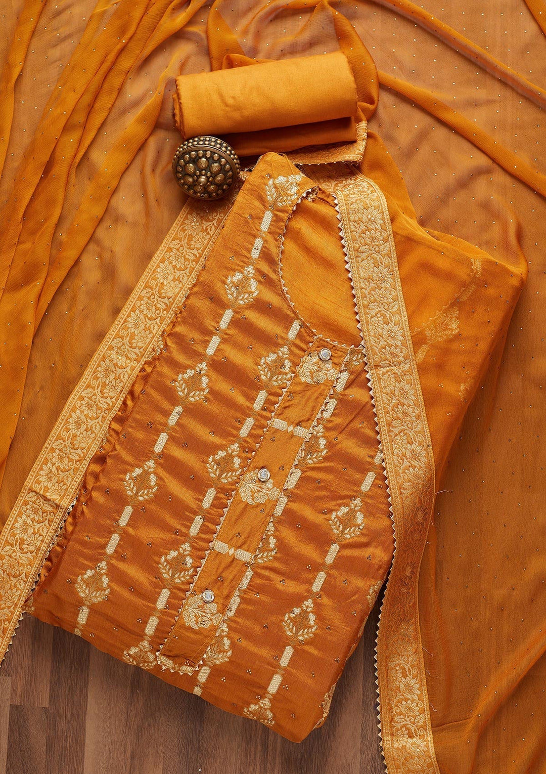 Mustard Zariwork Georgette Unstitched Salwar Suit- Koskii