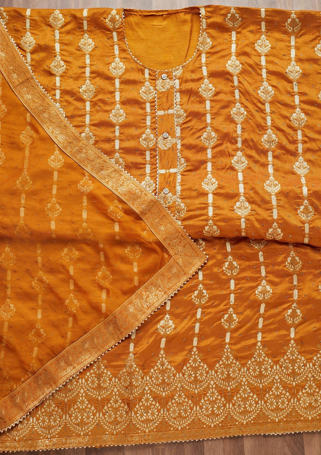 Mustard Zariwork Georgette Unstitched Salwar Suit - Koskii
