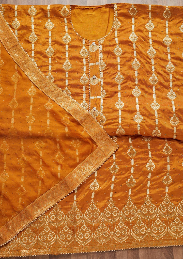Mustard Zariwork Georgette Unstitched Salwar Suit - Koskii