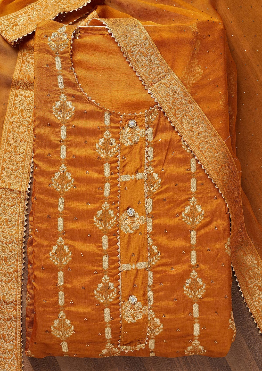 Mustard Zariwork Georgette Unstitched Salwar Suit - Koskii