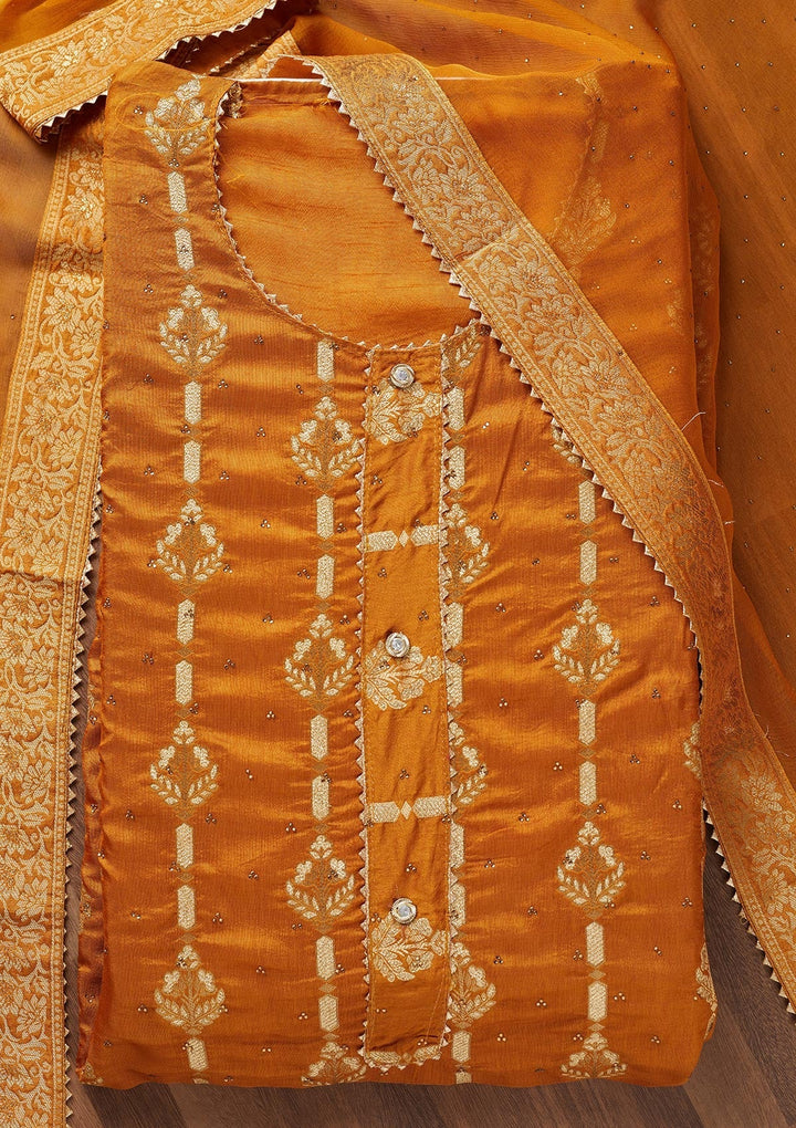 Mustard Zariwork Georgette Unstitched Salwar Suit - Koskii