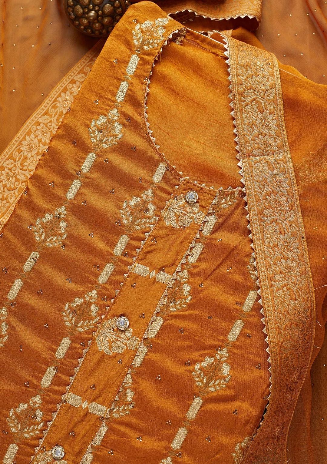 Mustard Zariwork Georgette Unstitched Salwar Suit - Koskii