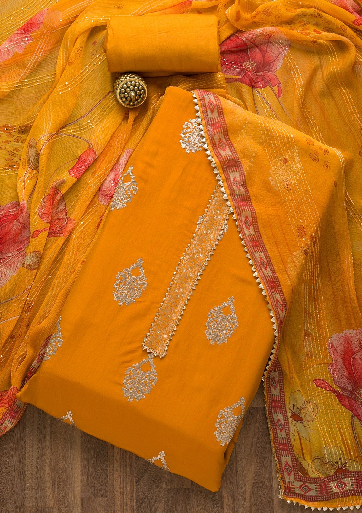 Mustard Zariwork Georgette Unstitched Salwar Suit-Koskii
