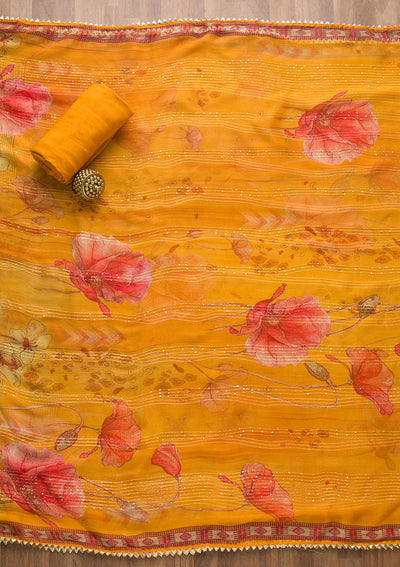 Mustard Zariwork Georgette Unstitched Salwar Suit-Koskii