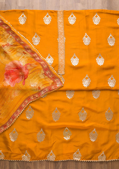 Mustard Zariwork Georgette Unstitched Salwar Suit-Koskii