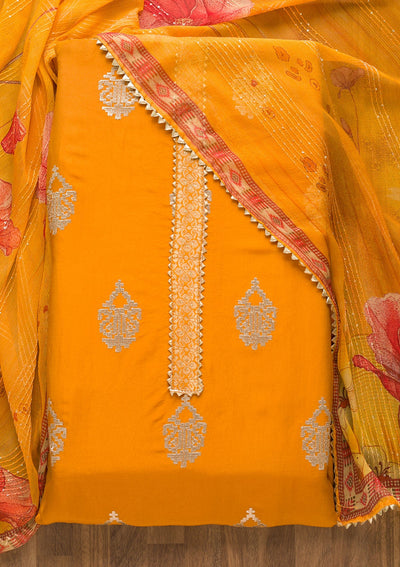 Mustard Zariwork Georgette Unstitched Salwar Suit-Koskii