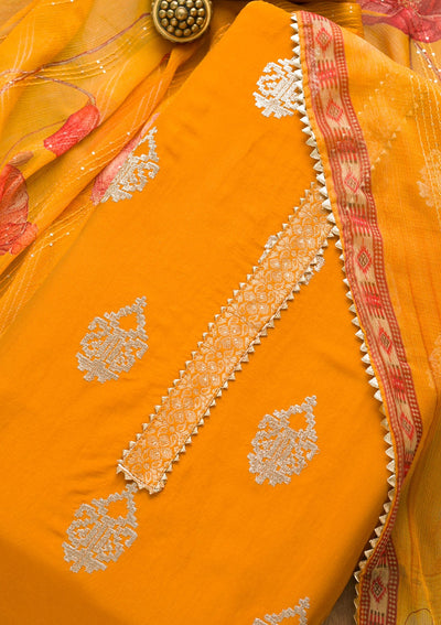 Mustard Zariwork Georgette Unstitched Salwar Suit-Koskii