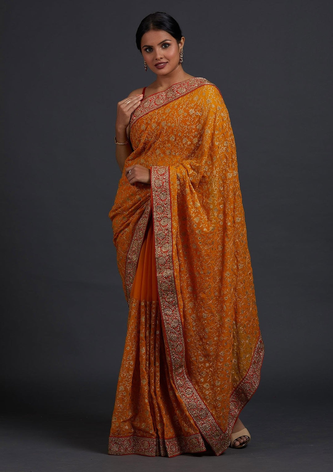Mustard Zariwork Georgette Designer Saree - Koskii