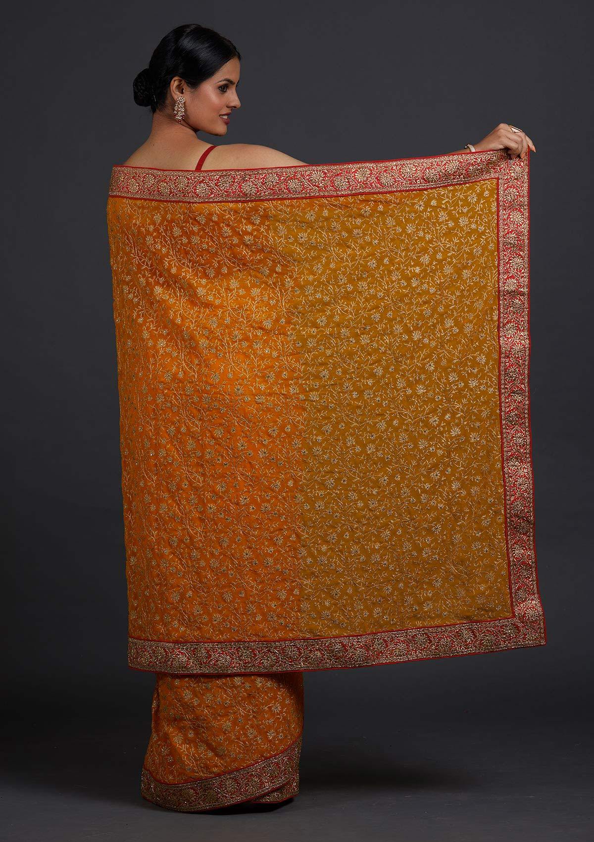 Mustard Zariwork Georgette Designer Saree - Koskii