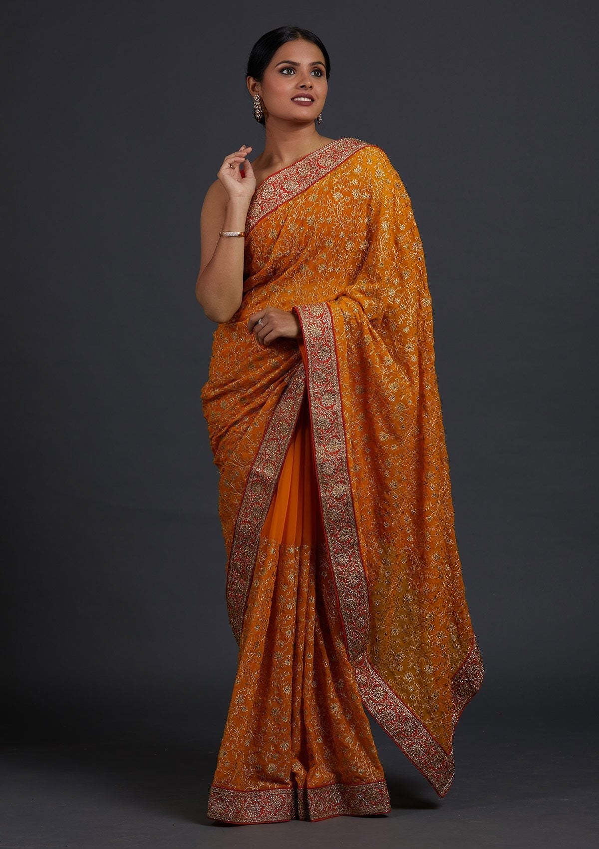 Mustard Zariwork Georgette Designer Saree - Koskii