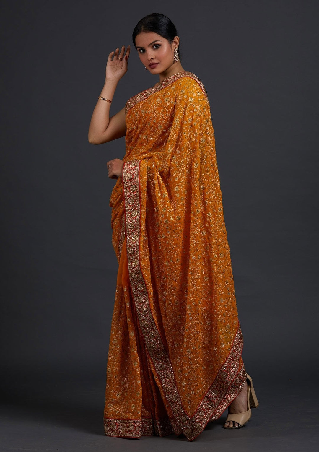 Mustard Zariwork Georgette Designer Saree - Koskii