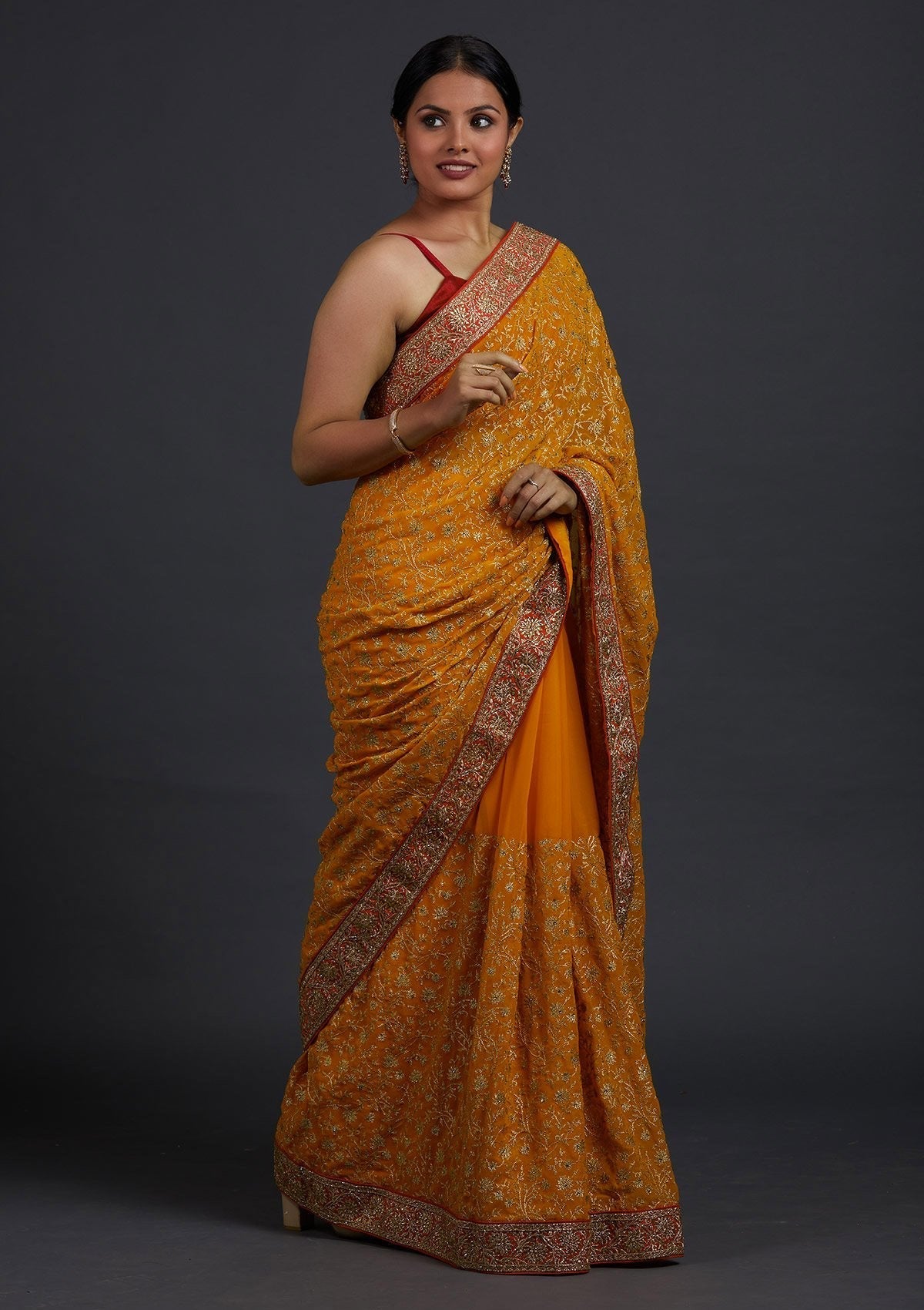 Mustard Zariwork Georgette Designer Saree - Koskii