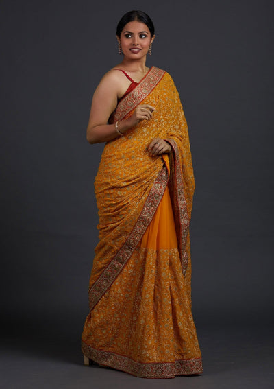 Mustard Zariwork Georgette Designer Saree - Koskii