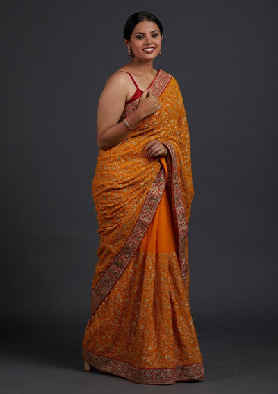 Mustard Zariwork Georgette Designer Saree - Koskii