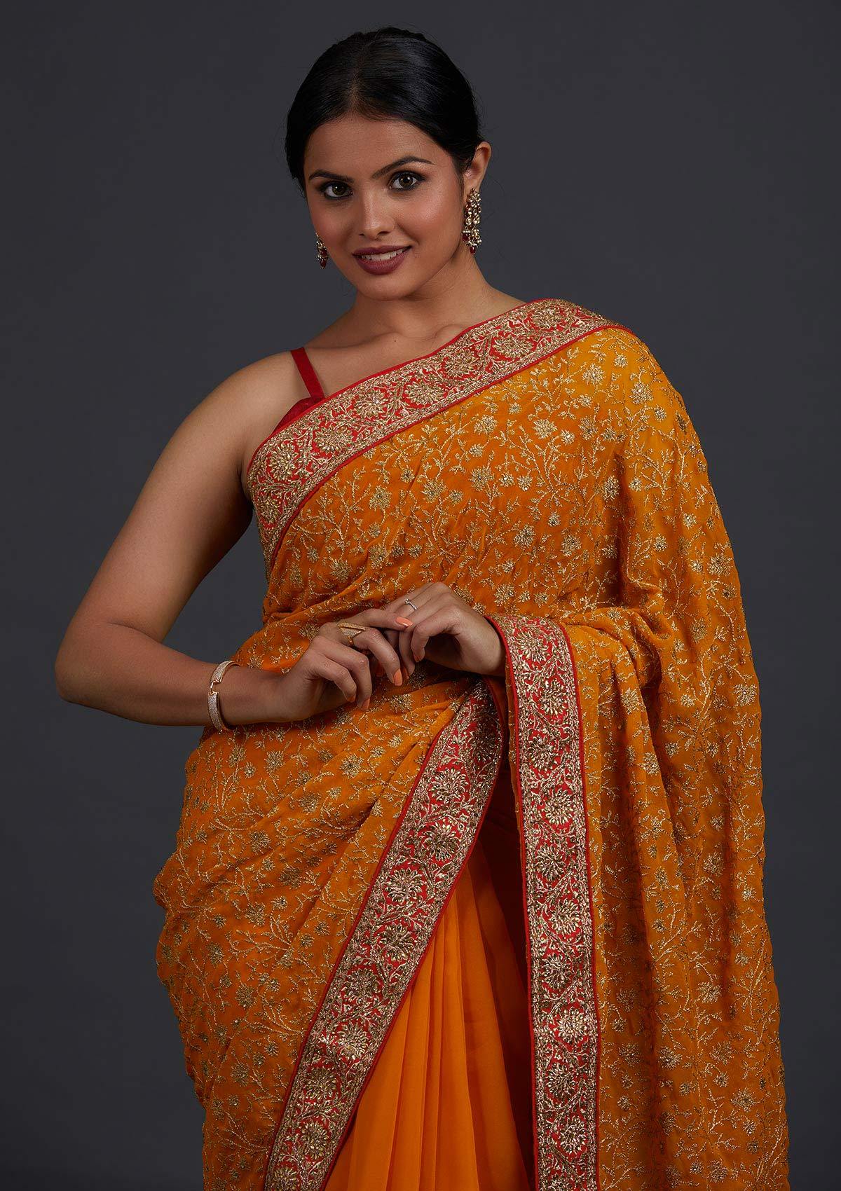 Mustard Zariwork Georgette Designer Saree - Koskii