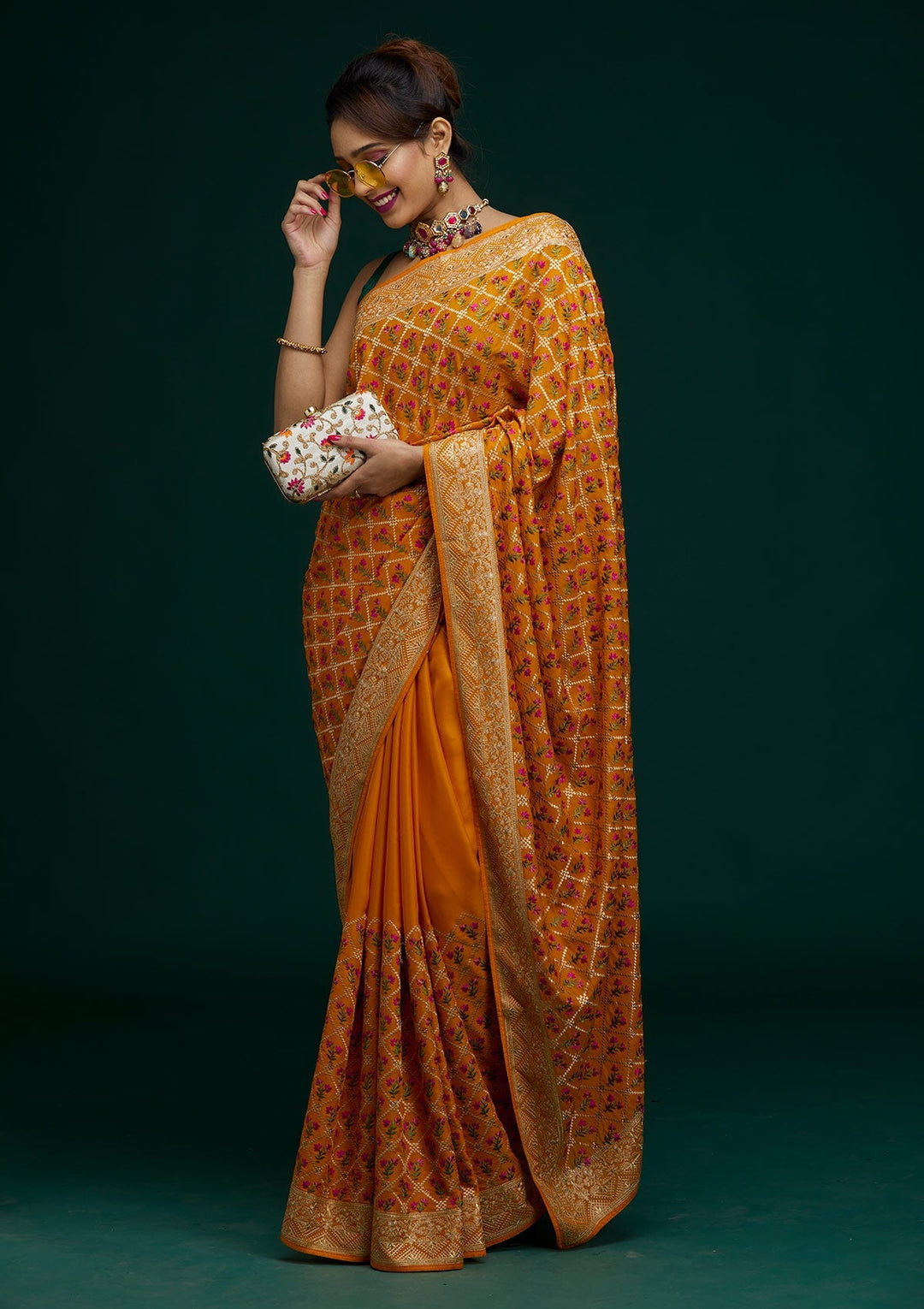 Mustard Zariwork Georgette Saree- Koskii