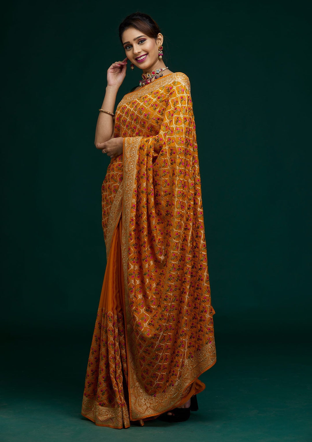 Mustard Zariwork Georgette Saree - Koskii