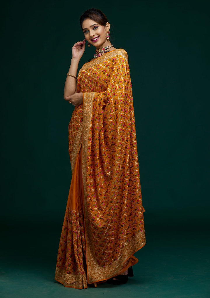 Mustard Zariwork Georgette Saree - Koskii