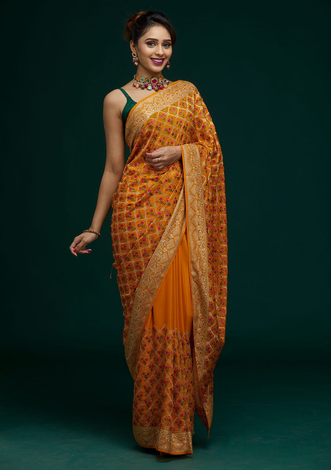 Mustard Zariwork Georgette Saree - Koskii