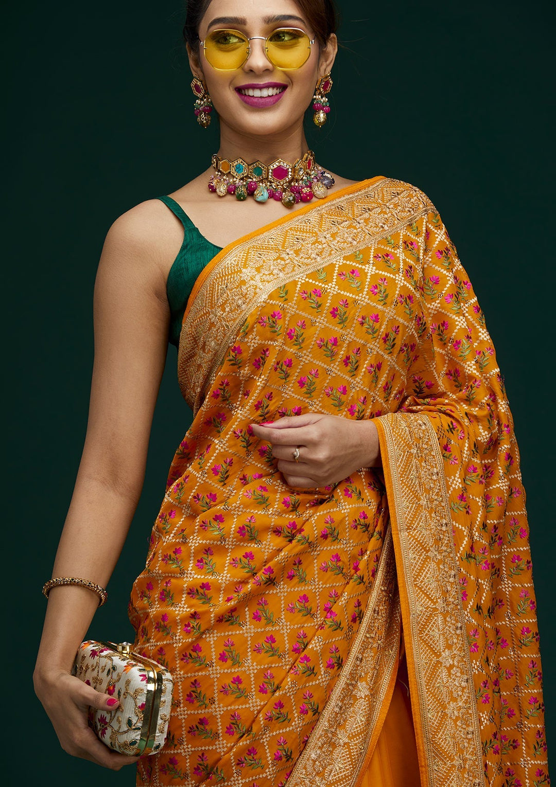 Mustard Zariwork Georgette Saree - Koskii