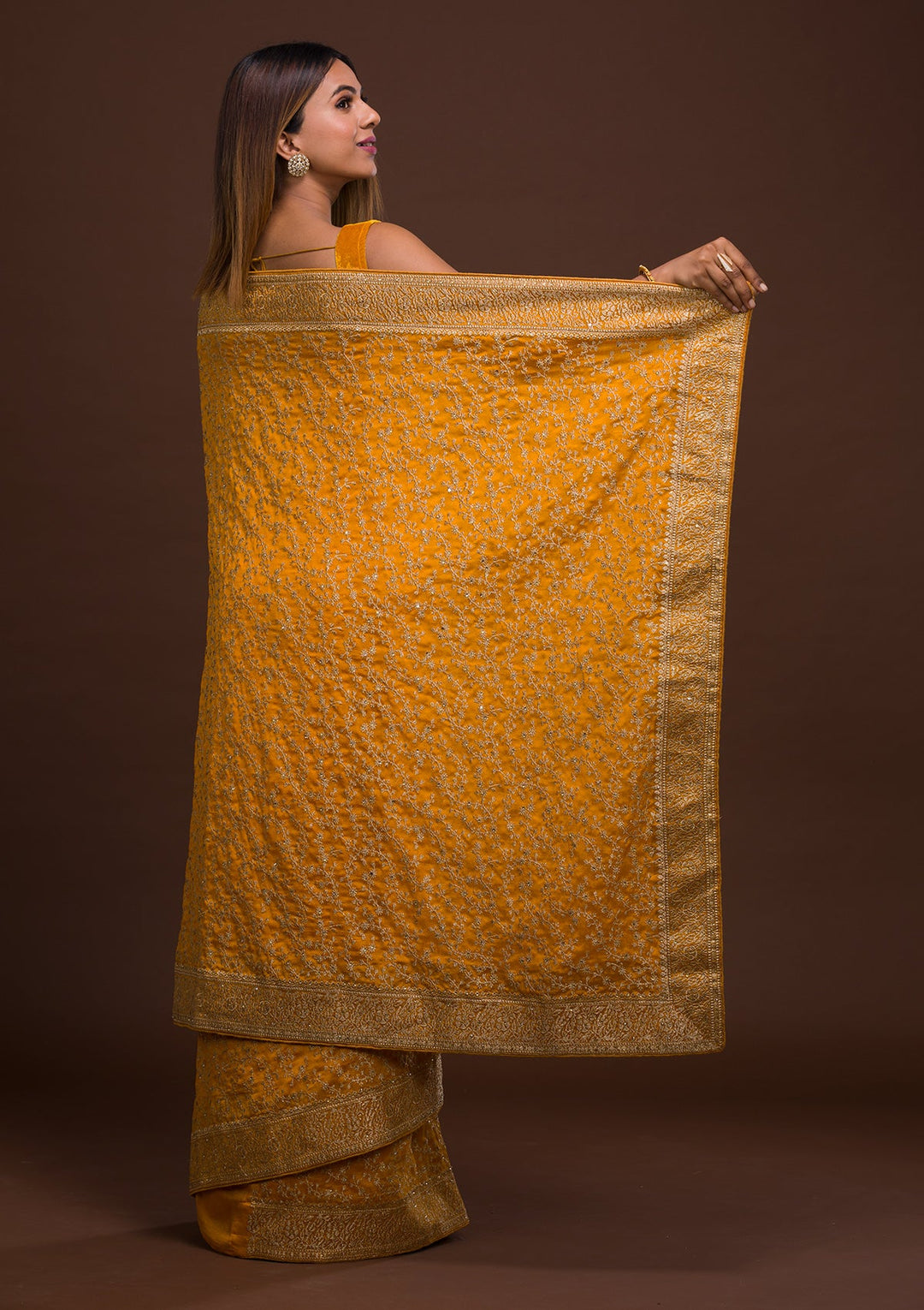 Mustard Zariwork Georgette Saree-Koskii