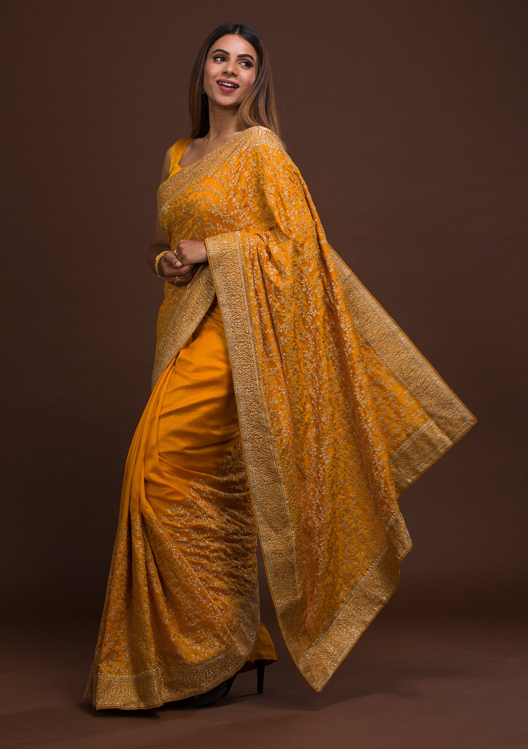 Mustard Zariwork Georgette Saree-Koskii