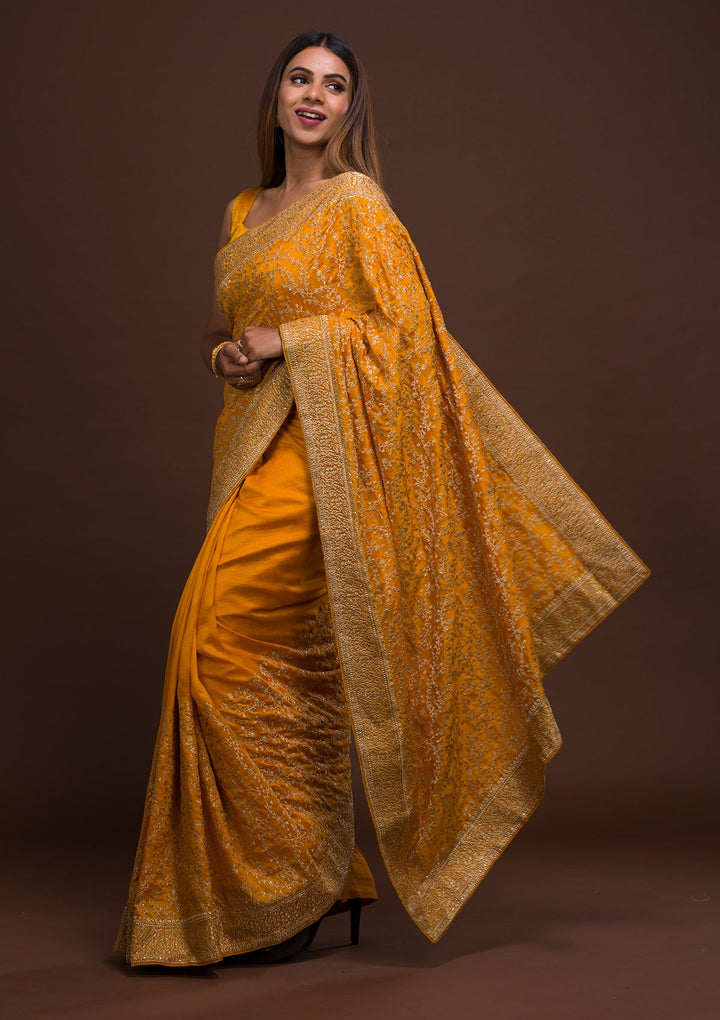 Mustard Zariwork Georgette Saree-Koskii