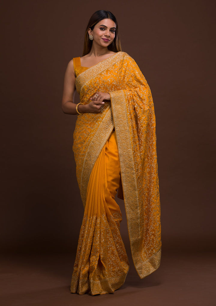 Mustard Zariwork Georgette Saree-Koskii