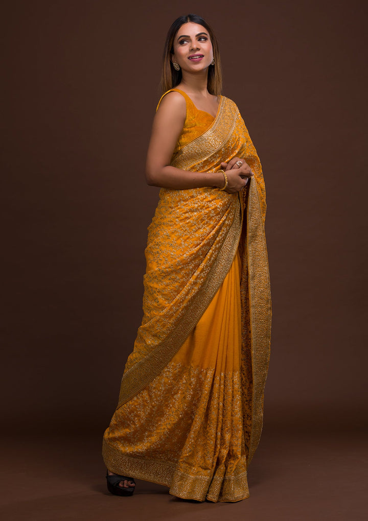 Mustard Zariwork Georgette Saree-Koskii