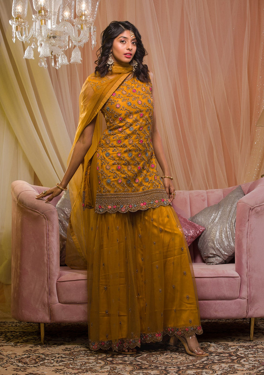 Mustard Zariwork Net Readymade Salwar Kameez-Koskii