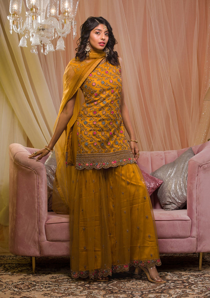 Mustard Zariwork Net Readymade Salwar Kameez-Koskii