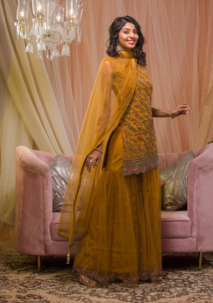 Mustard Zariwork Net Readymade Salwar Kameez-Koskii