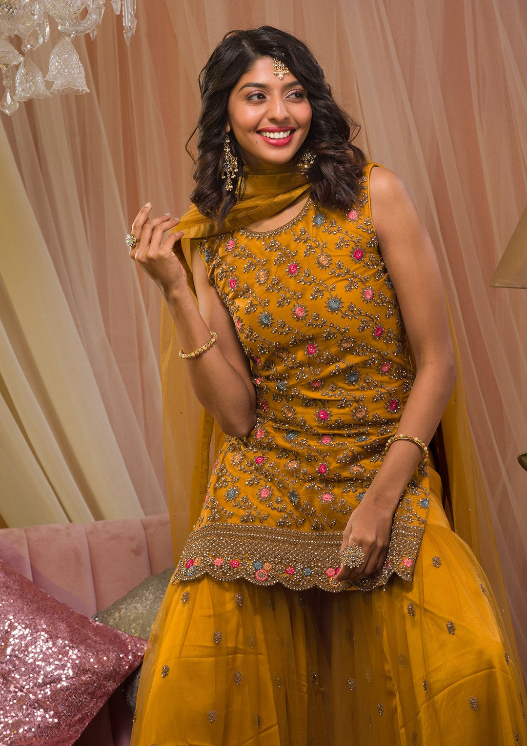 Mustard Zariwork Net Readymade Salwar Kameez-Koskii