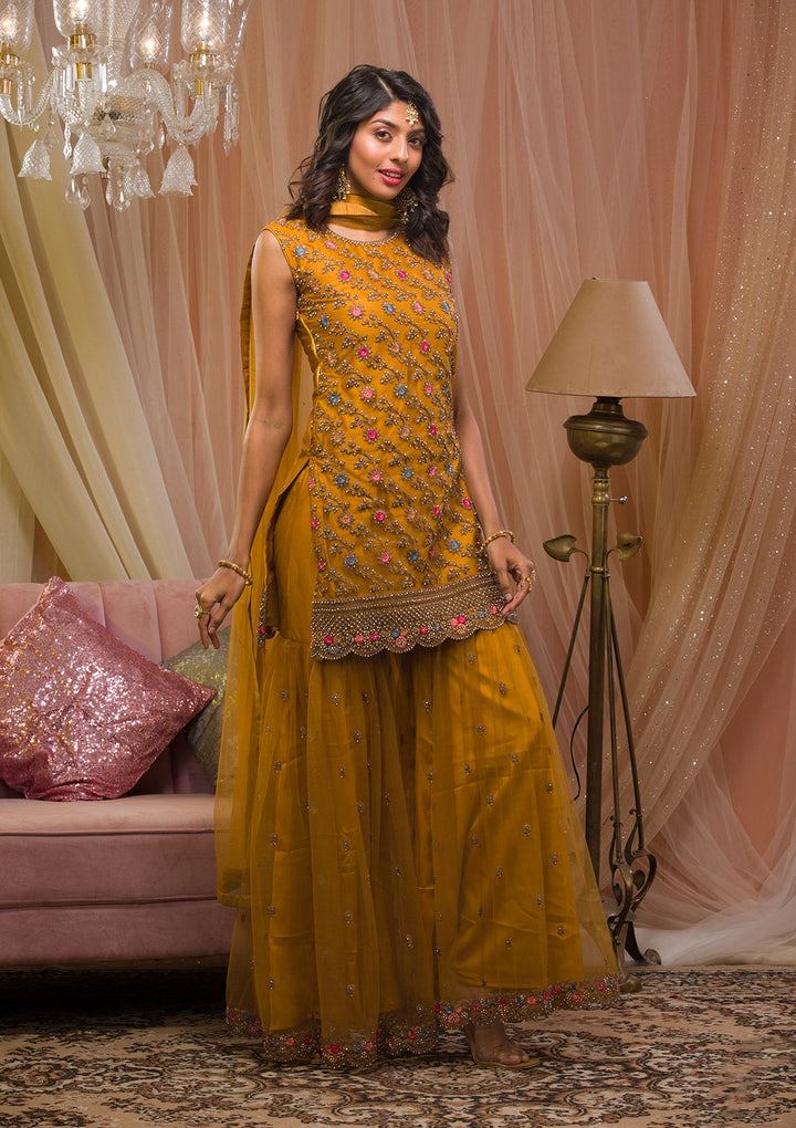 Mustard Zariwork Net Readymade Salwar Kameez-Koskii