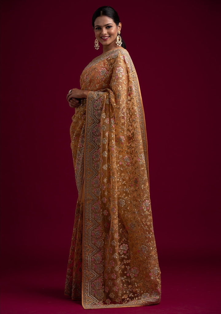 Mustard Zariwork Net Designer Saree - koskii