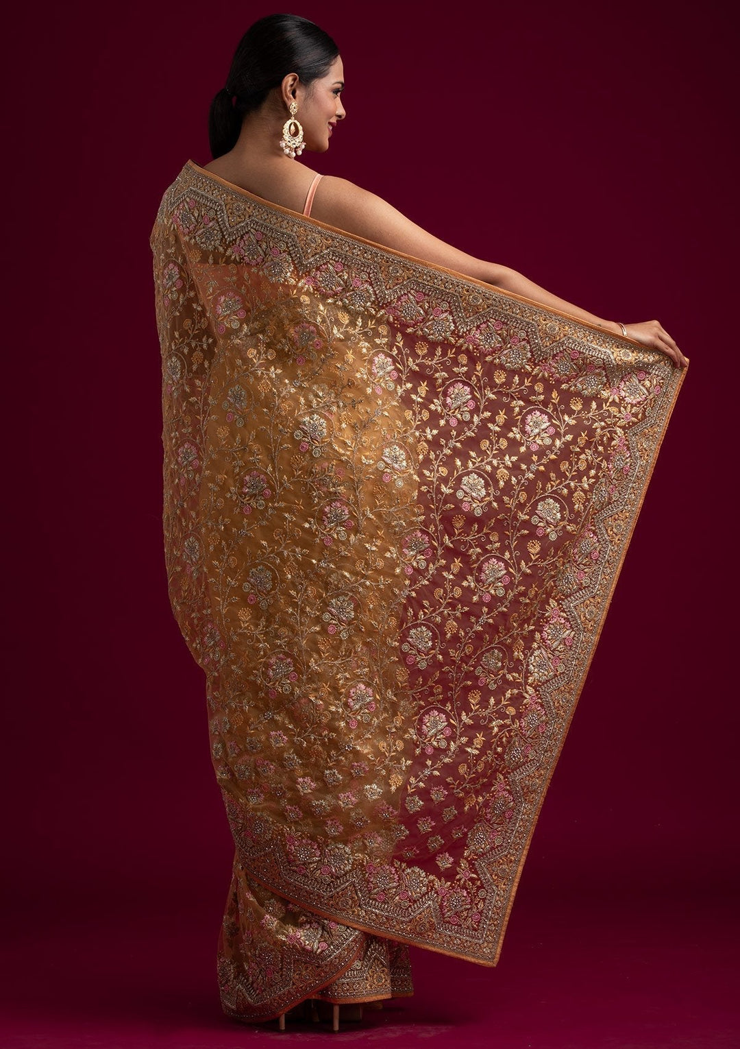 Mustard Zariwork Net Designer Saree - koskii
