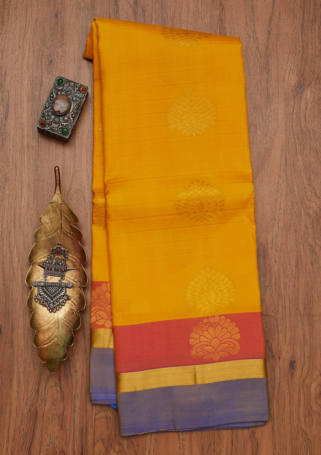Mustard Zariwork Pure Silk Designer Saree - koskii