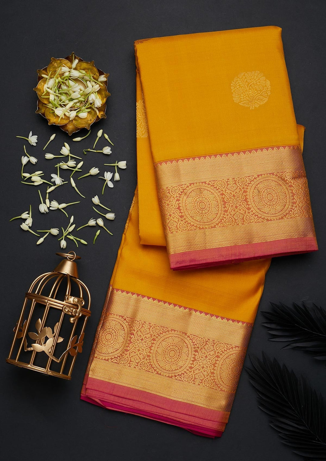 Mustard Zariwork Pure Silk Designer Saree - Koskii