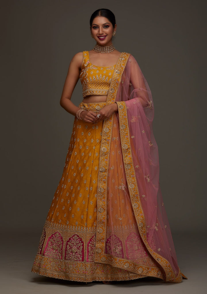 Mustard Zariwork Raw Silk Designer Semi-Stitched Lehenga- Koskii