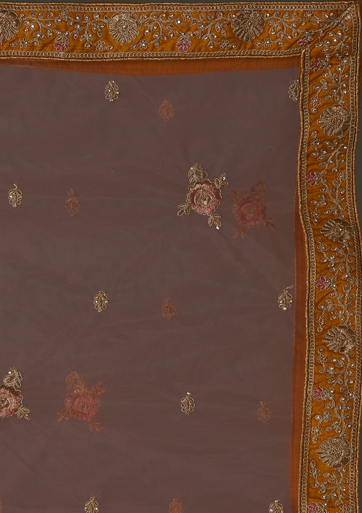 Mustard Zariwork Raw Silk Designer Semi-Stitched Lehenga - Koskii