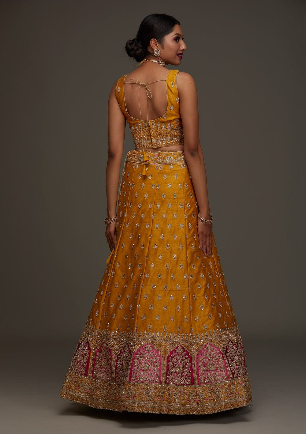Mustard Zariwork Raw Silk Designer Semi-Stitched Lehenga - Koskii