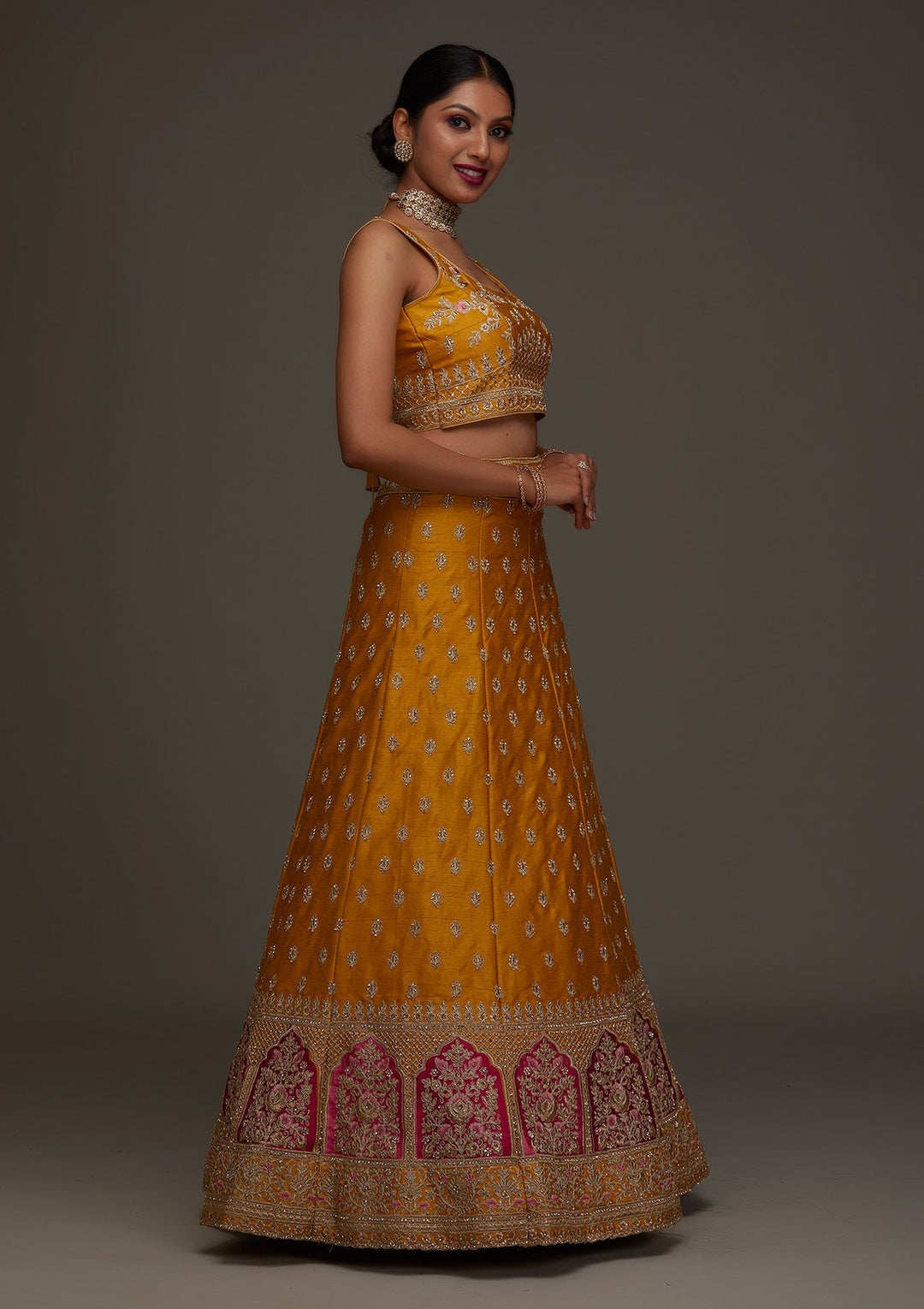 Mustard Zariwork Raw Silk Designer Semi-Stitched Lehenga - Koskii