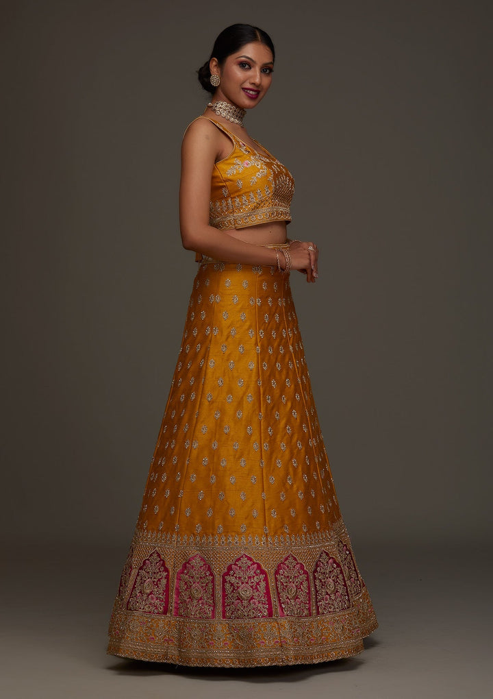 Mustard Zariwork Raw Silk Designer Semi-Stitched Lehenga - Koskii