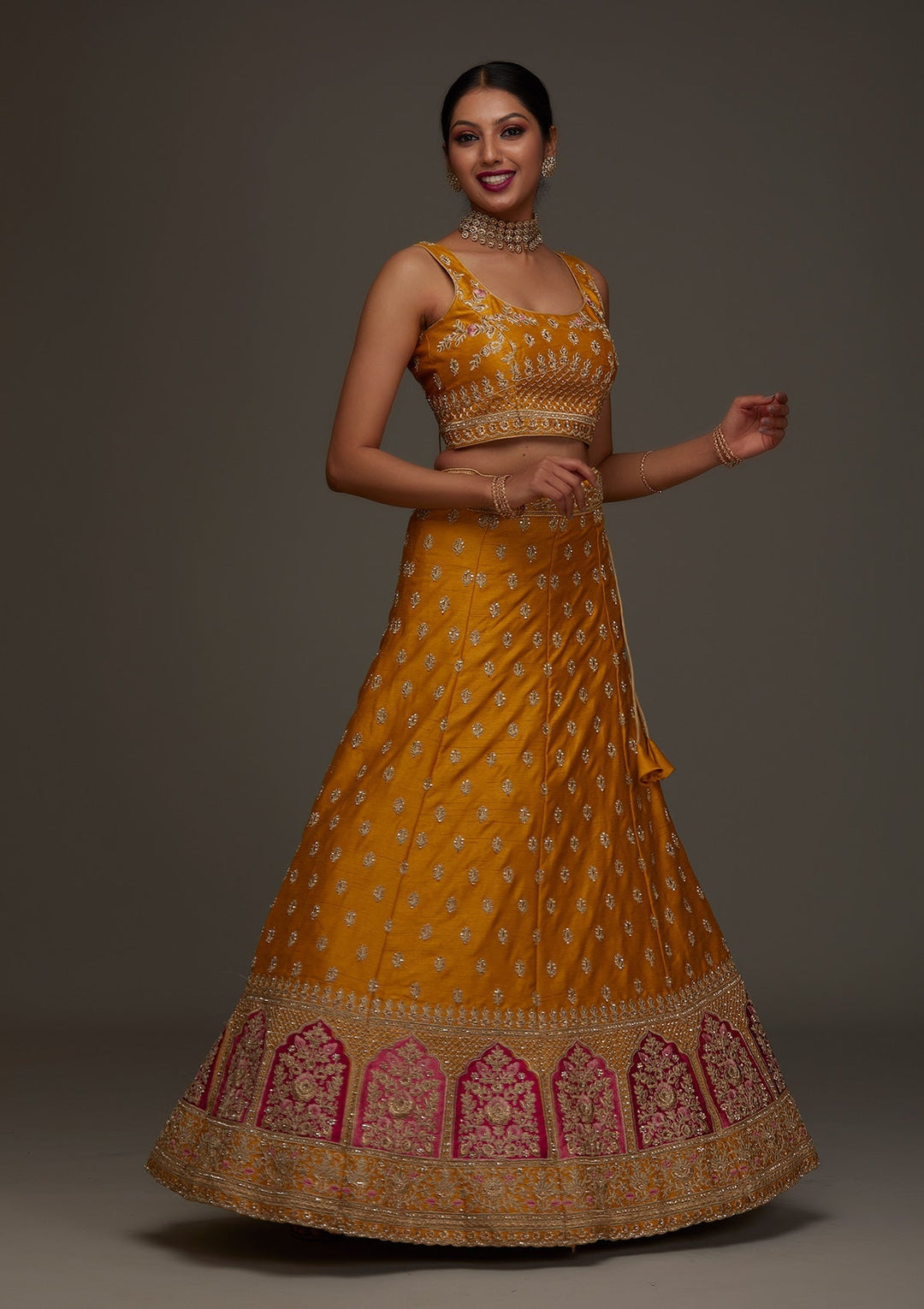 Mustard Zariwork Raw Silk Designer Semi-Stitched Lehenga - Koskii