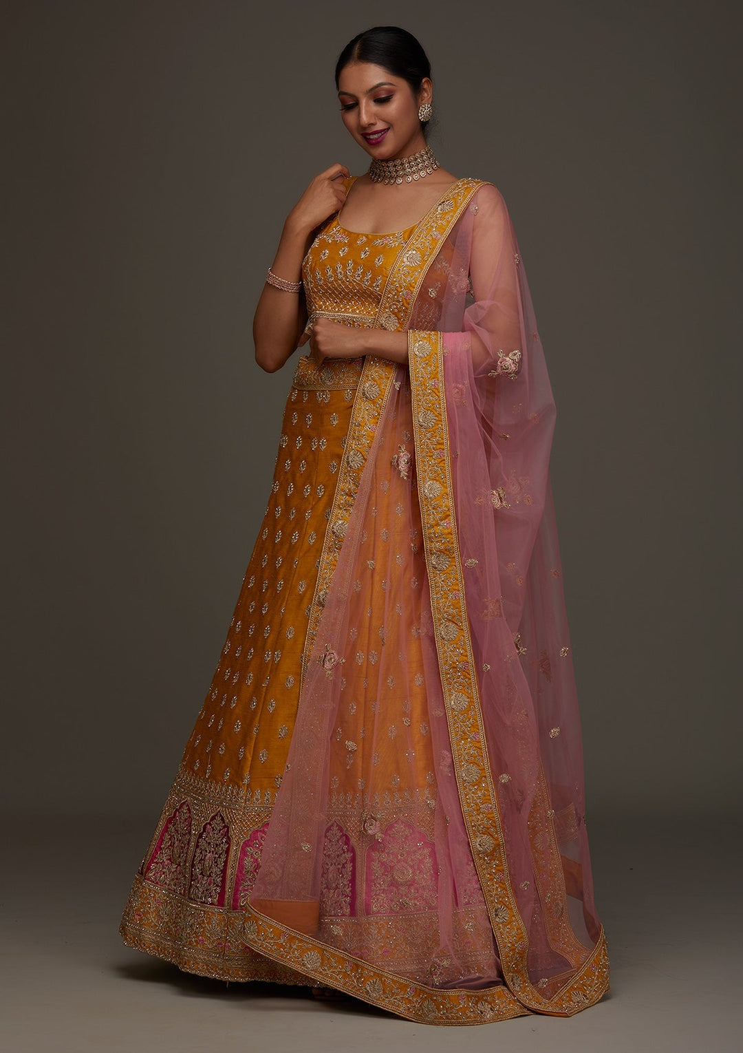 Mustard Zariwork Raw Silk Designer Semi-Stitched Lehenga - Koskii