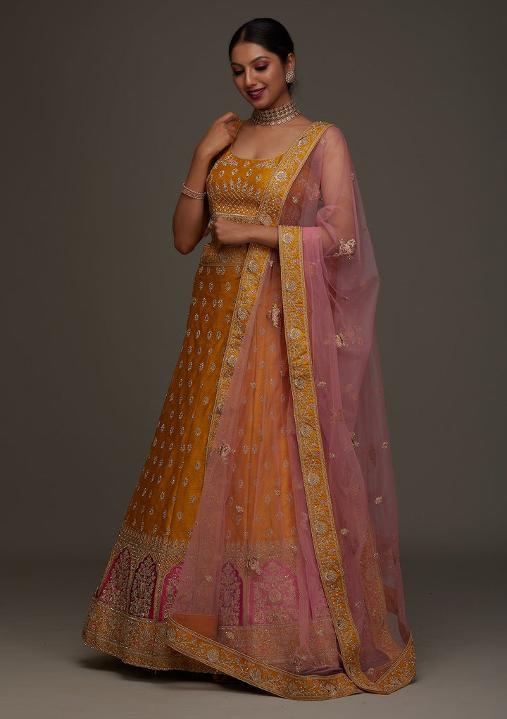 Mustard Zariwork Raw Silk Designer Semi-Stitched Lehenga - Koskii