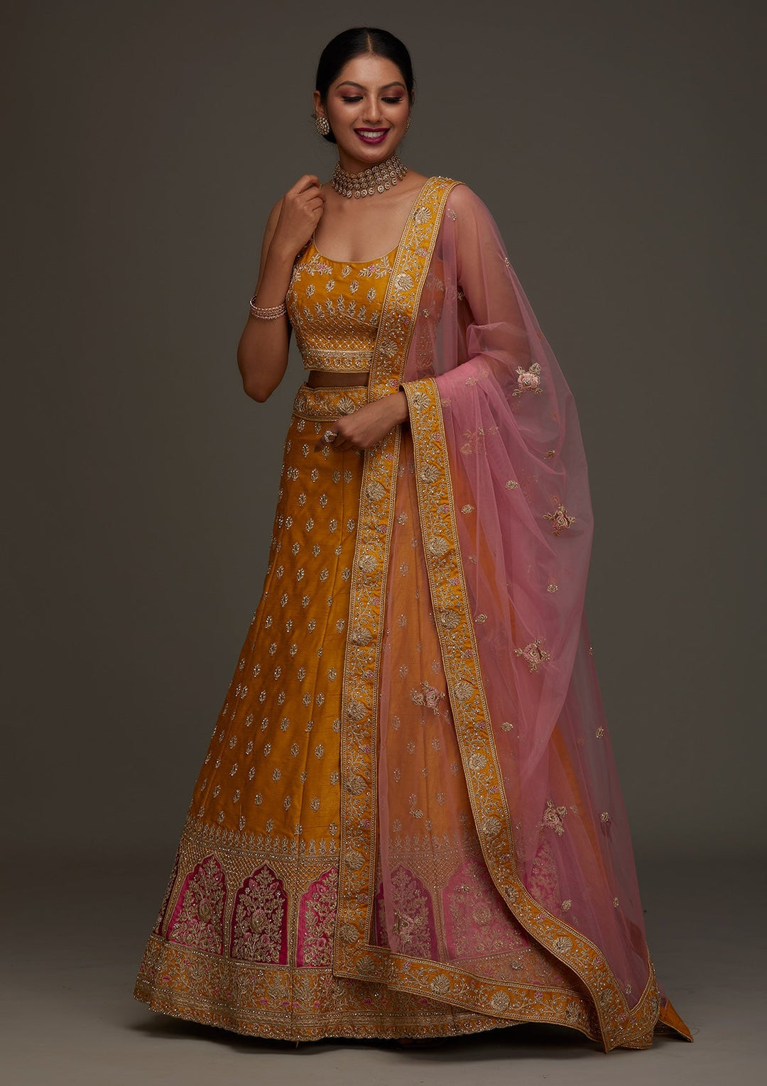 Mustard Zariwork Raw Silk Designer Semi-Stitched Lehenga - Koskii