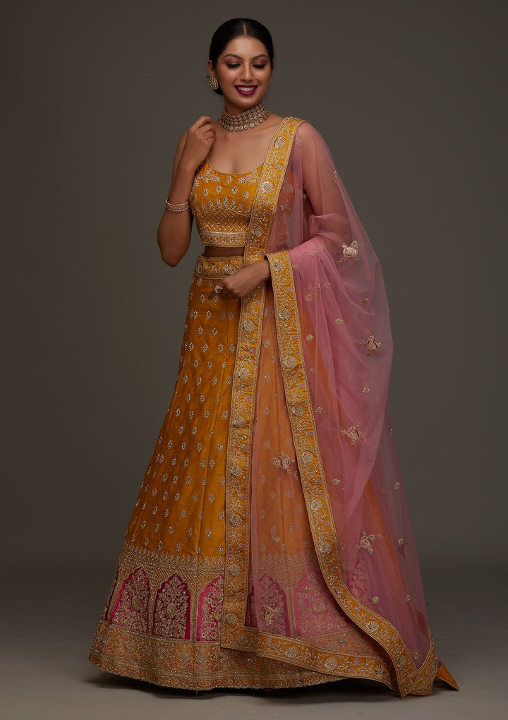 Mustard Zariwork Raw Silk Designer Semi-Stitched Lehenga - Koskii