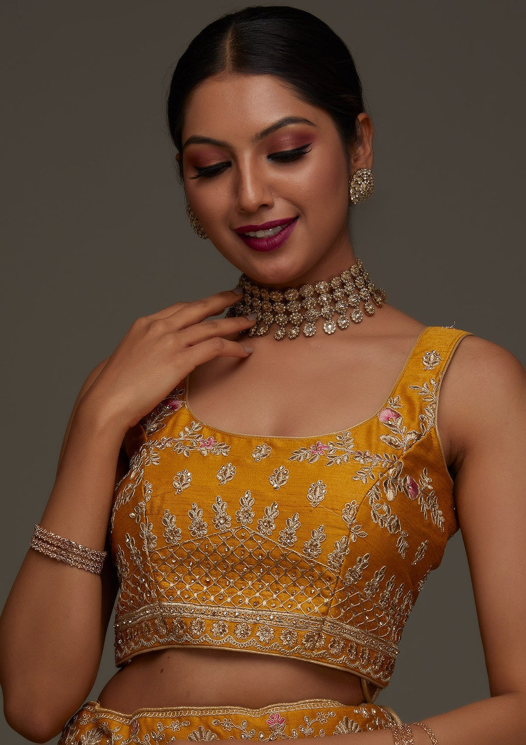 Mustard Zariwork Raw Silk Designer Semi-Stitched Lehenga - Koskii